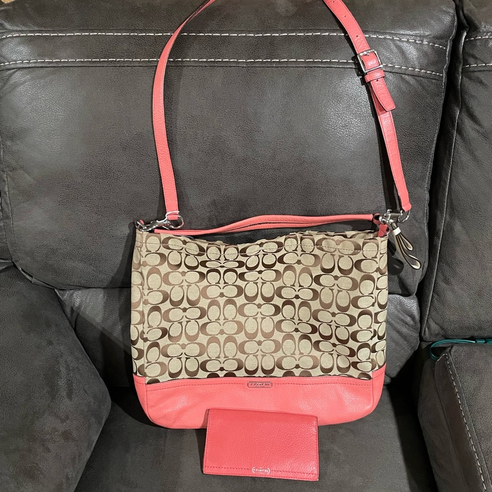 Coach Crossbody and checkbook cover Coral/Beige